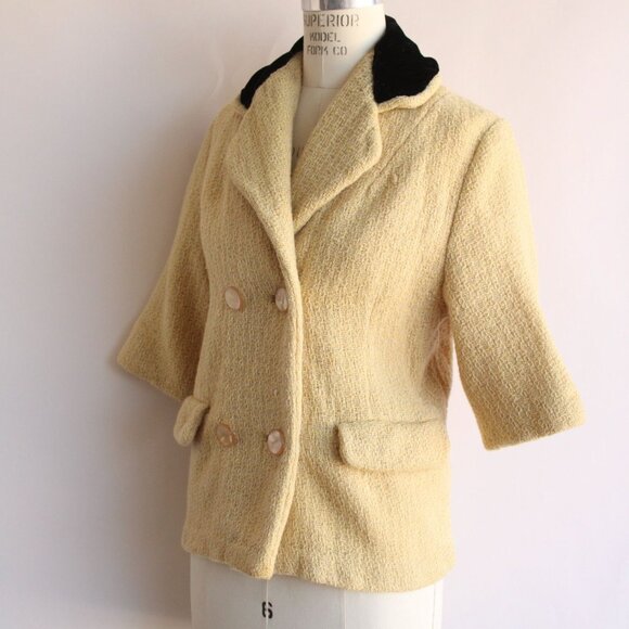 Vintage 1960s Jacket, Yellow with Black Velvet Collar, Double Breasted - Picture 6 of 10